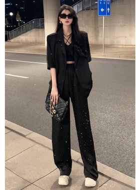 黑色时尚西装套装女2023夏装新款高级感气质短袖薄款阔脚裤两件套