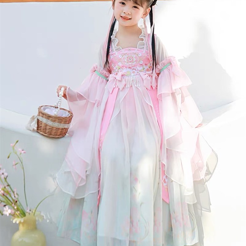 仙襦裙女童纱裙2024飘带汉服公主风连衣裙万针刺绣粉色蓝色印花