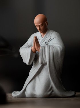 新中式紫砂小和尚摆件禅意陶瓷人物小沙弥客厅桌面装饰品鱼缸造景