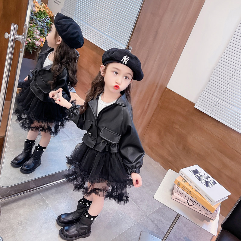 女童套装秋季新款2023时髦洋派女E宝宝公主皮衣纱裙儿童气质两件