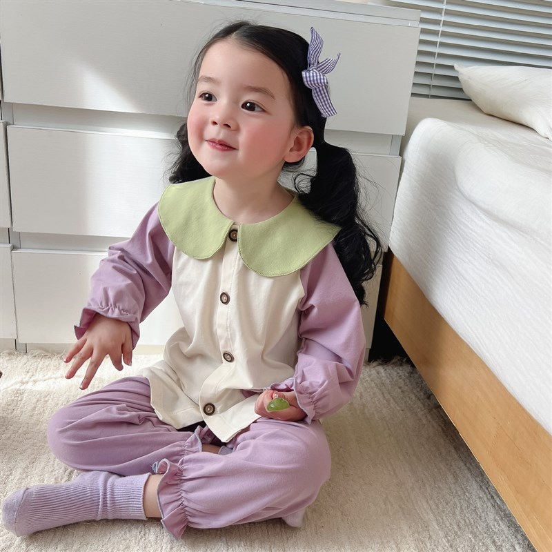 韩系女童纯棉长i袖家居服套装春秋新款男童卡通高级开衫款睡衣睡