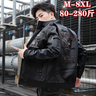 飞行夹克春秋季 立领男 皮衣外套潮胖子机车服加肥加大码 刺绣X时尚