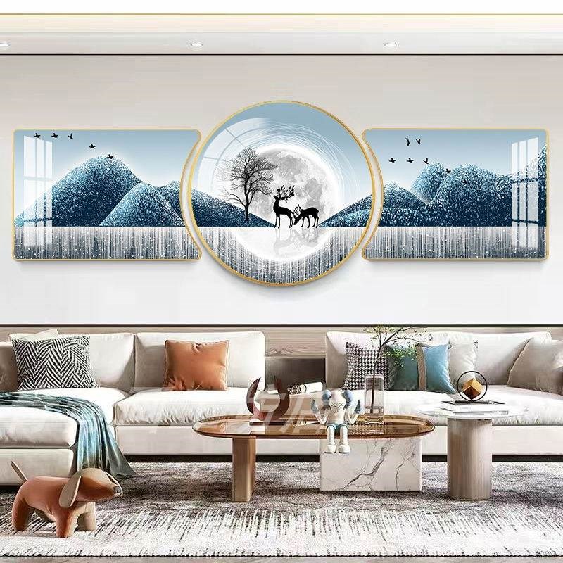 家庭装饰画客厅沙发背景墙挂w画现代简约轻奢三联画晶瓷高档墙壁图片