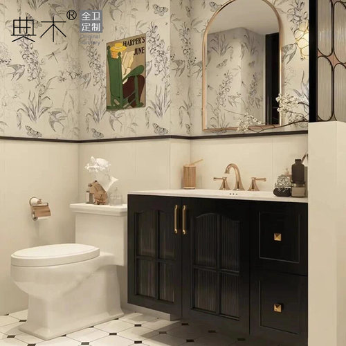 美式复古浴室柜橡木洗脸洗u手盆柜组合黑色卫浴柜洗漱台卫生间定