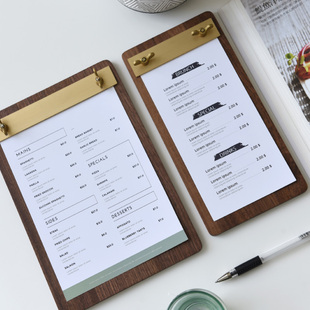 菜单夹板小号立式 咖啡店餐厅餐桌木质夹 胡桃木垫板文件夹定制a4