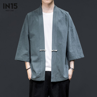 春季中国风男士汉服复古盘扣开衫古风男装宽松大码七分袖纯棉道袍