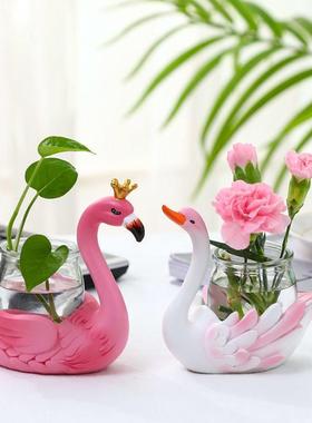 创意绿萝水培插花小摆件可爱天鹅动物办公室书房桌面透明玻璃装饰