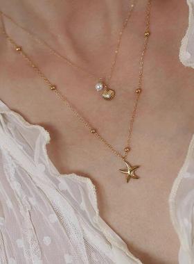 洗澡免摘!海岛风海星贝壳吊坠双层项炼女小众设计高级感锁骨炼