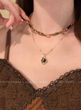 美拉德风~项炼女虎眼石吊坠串珠毛衣炼颈炼2025新款小众叠戴配饰
