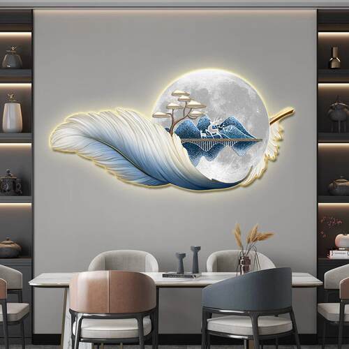 led带灯羽毛轻奢餐厅装饰画饭厅背景墙挂画壁画简约现代高档大气