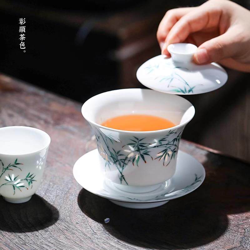 景德镇高温白瓷茶具套组手绘玲珑瓷功夫茶具盖碗九件套礼盒装礼品