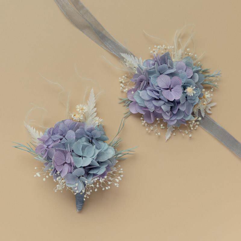 新郎胸花新娘手腕花结婚真花灰蓝紫色绣球伴郎襟花父母永生花胸针