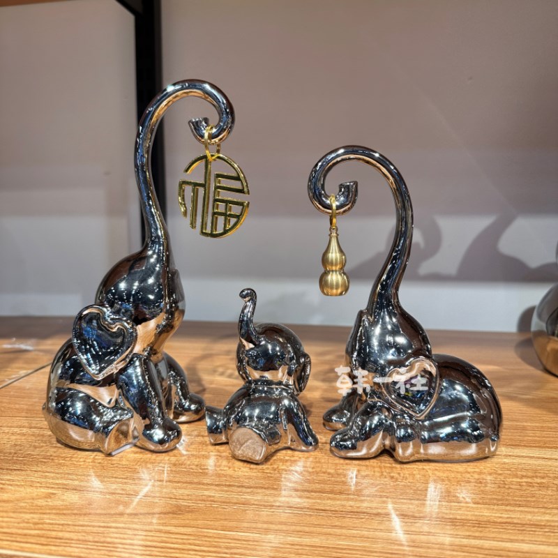 家居轻奢风一家人银色大象摆件客厅电视柜酒柜家居装饰品乔迁礼物