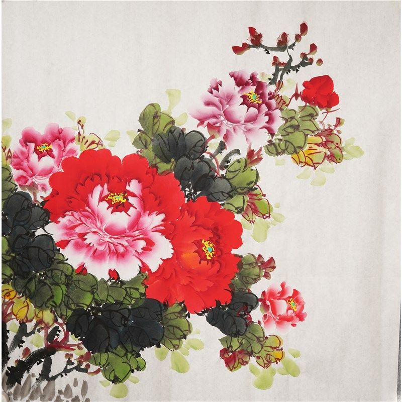 四尺斗方国画牡丹无款不带落款纯手绘字画手工书房客厅装饰画