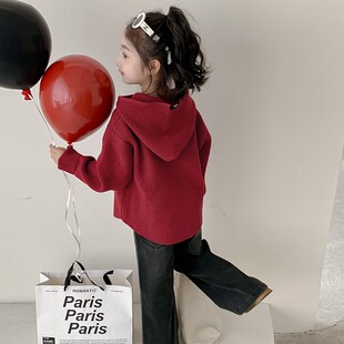 女童毛衣春秋202n5新款宝宝过年衣服春季儿童装红色针织衫连帽上