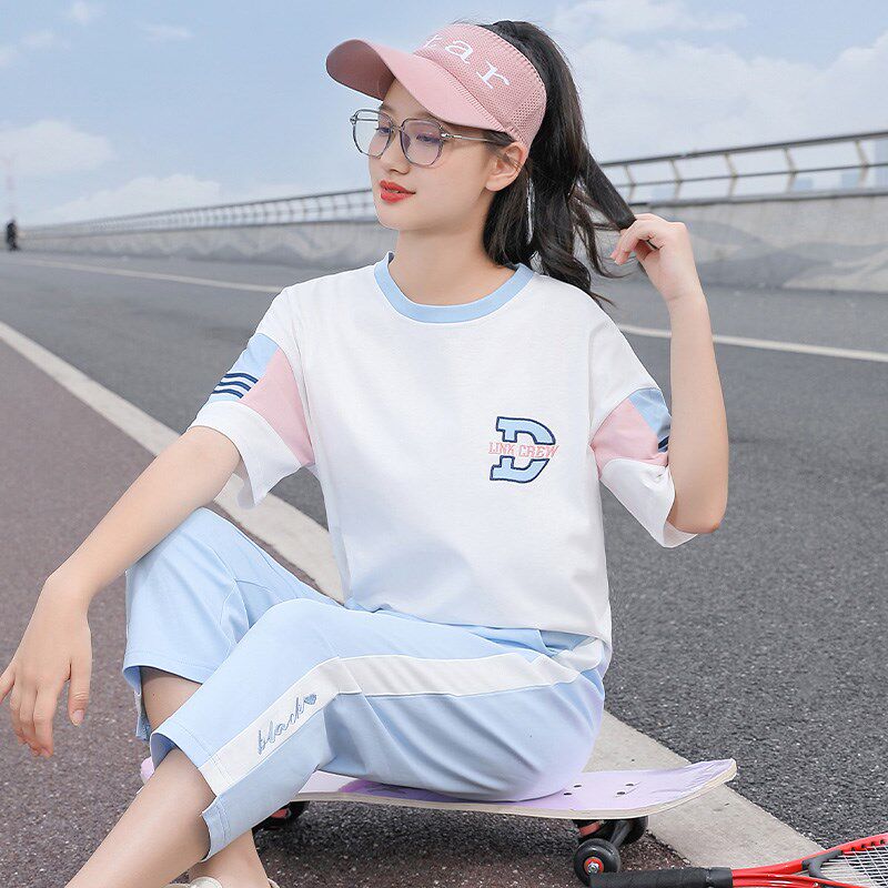 初中生夏装女套装少女中学生夏季新款运动裤两件套W高中生T恤宽松