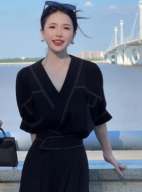 法式宽松黑色衬衫两件套别致设计感显瘦气质上衣裤子套装D1682