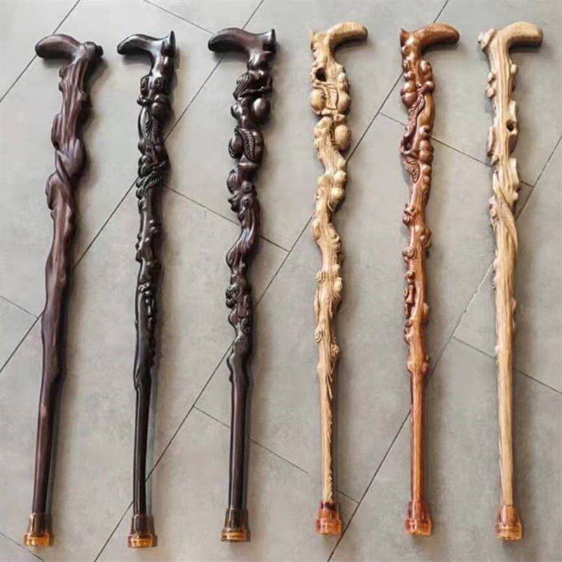 鸡翅木树根根雕拐杖黑檀木寿桃拐杖拐棍老人防滑助行手杖整木雕刻