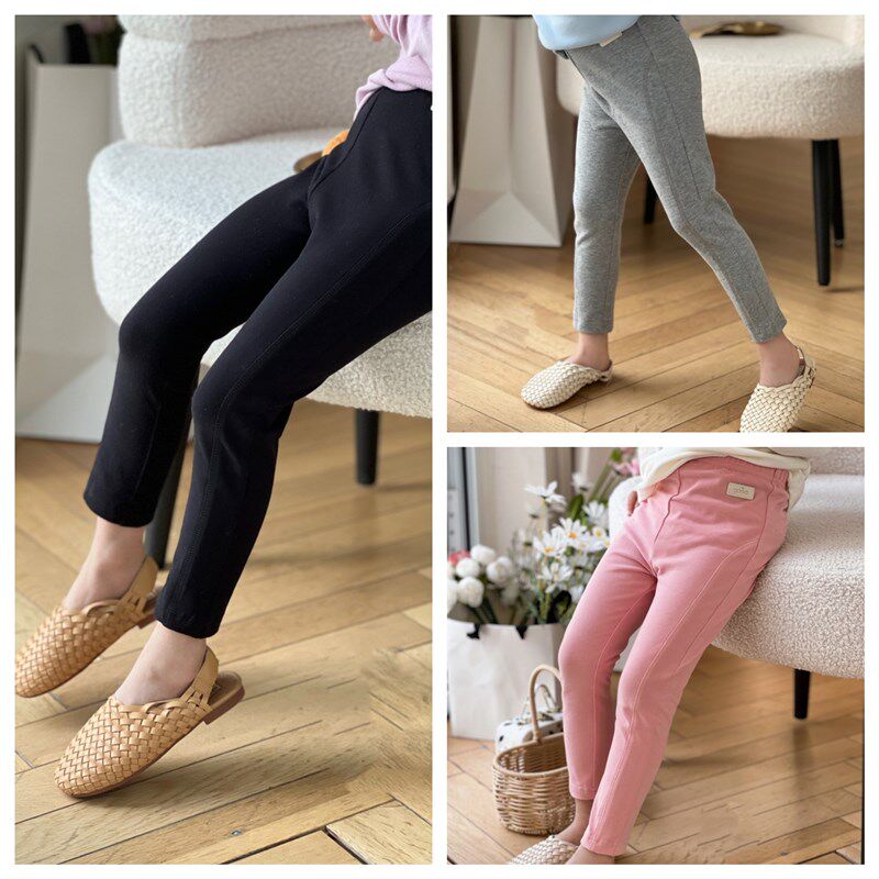 女童三色纯棉线条打底裤 儿童黑色灰色粉I色棉质裤子 24春夏紧身