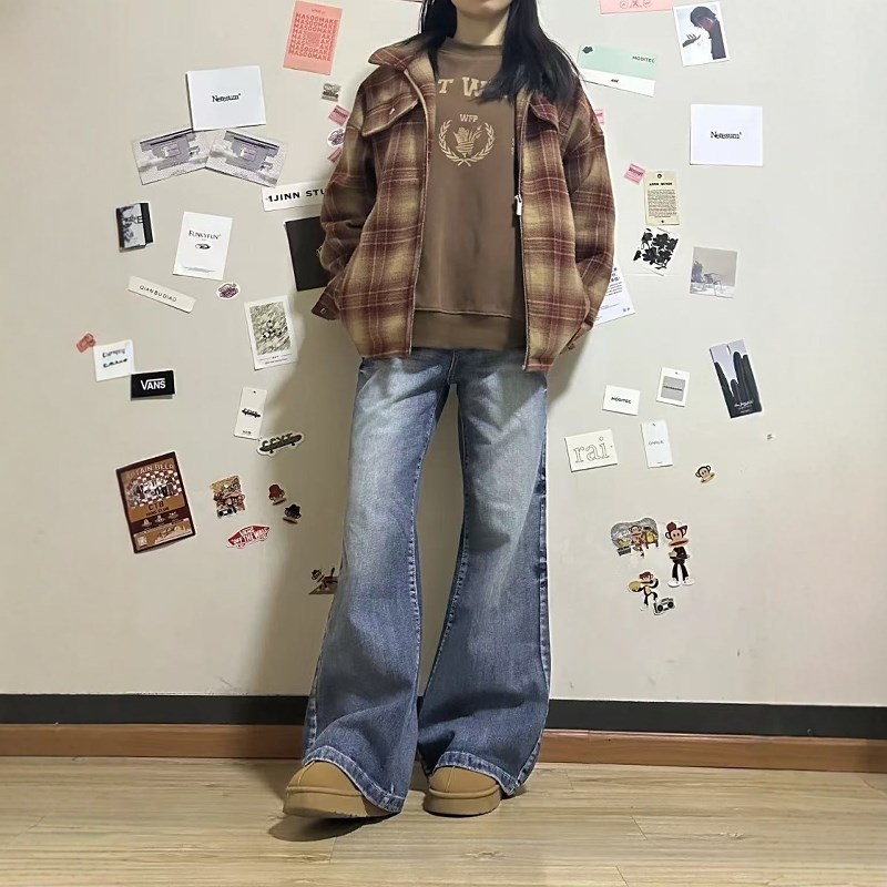 美式重工艺水洗猫须高腰微喇长A裤子早春复古宽松显瘦百搭牛仔裤