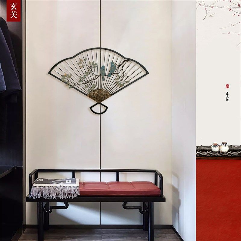 新中式扇面花鸟壁挂创意金属玄关壁饰客厅装饰挂件餐厅书房壁饰