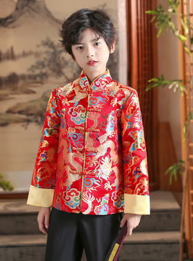 男童唐装春秋小男孩中式主t持礼服套装幼儿园中国风红色喜庆演出