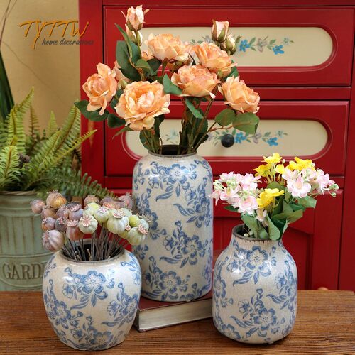 新中式青花古法冰裂纹陶瓷花瓶花器D桌面书房办公室样板间装饰摆