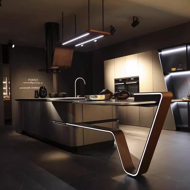 意式高级感不锈钢龙擡头岛台餐桌一体可伸缩定制吧台厨房中岛餐桌