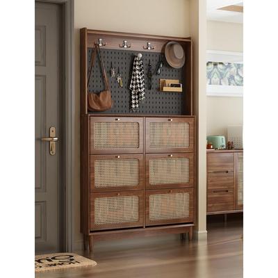 超薄翻斗鞋柜新款家用门口挂衣架一体入户中古风藤编玄关收纳隔断
