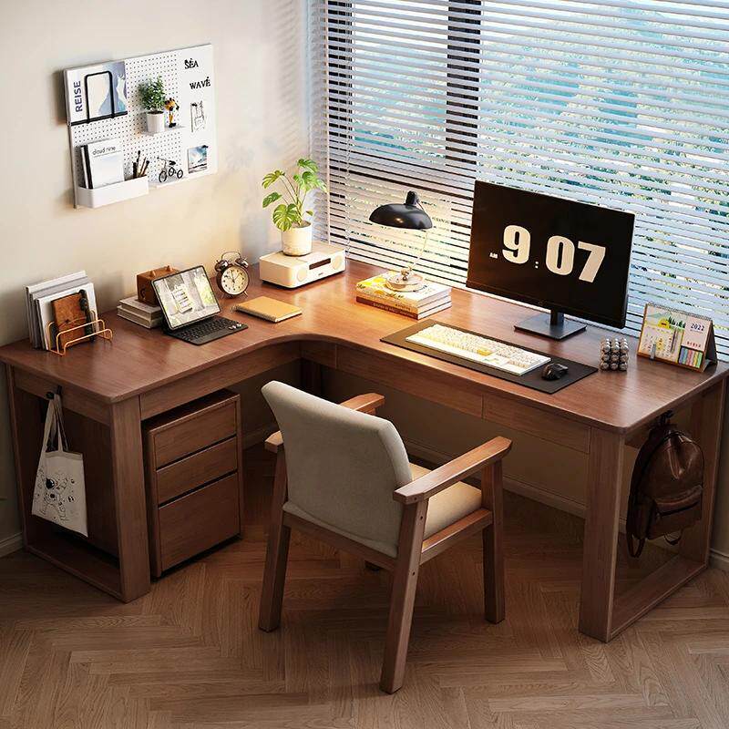 L型桌椅组合转角实木电脑桌家用书桌书架一体办公桌卧室书桌子
