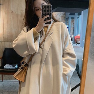 反季米白色双面羊绒大衣女中长版2023冬新款韩系显瘦毛呢外套
