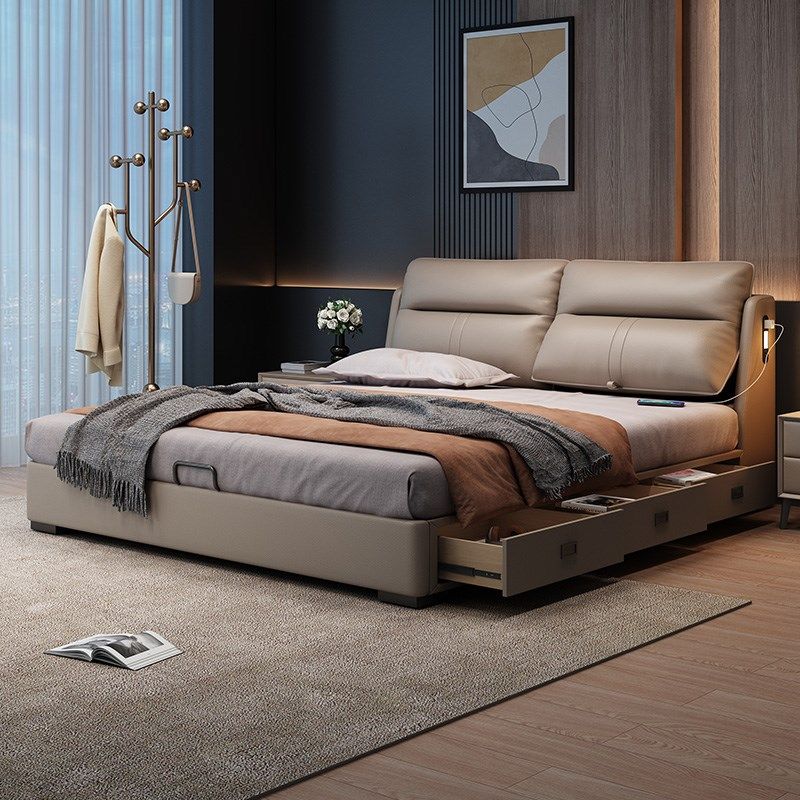 意式极简多功能真皮床现代简约小户型双人主卧实木高箱抽屉储物床