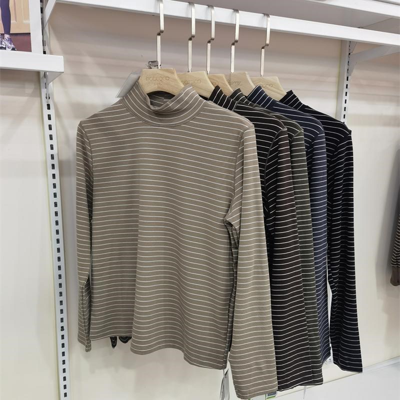 优布客5746秋冬女高领条纹棉质长袖T恤内搭打底秋衣中厚外穿百搭