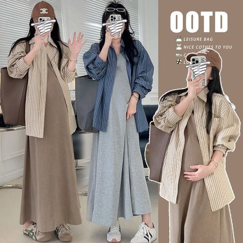 孕妇连衣裙2025春装新款韩版中长款慵懒风背心裙条纹衬衫两件套潮