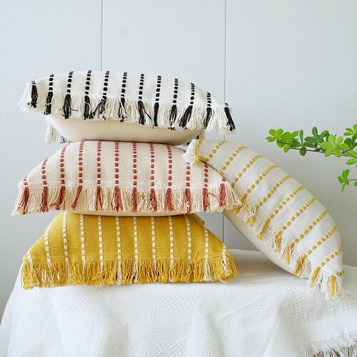 北欧轻奢a提花抱枕套棉线编织流苏靠垫办公室现代简约沙发靠垫腰