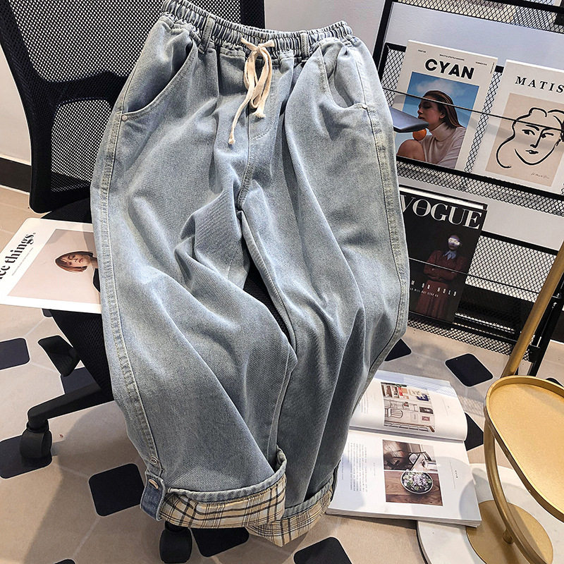 大码300斤美式高街格子拼接牛仔裤男宽松直筒阔腿裤秋季潮牌卫裤2