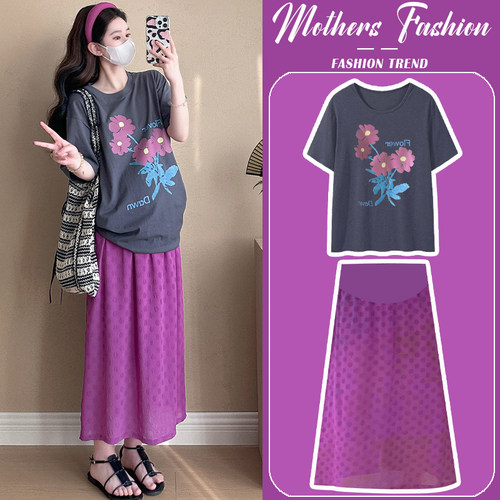 孕妇连衣裙套装2024新款圆领宽松休闲短袖薄款上衣半身裙两件套夏