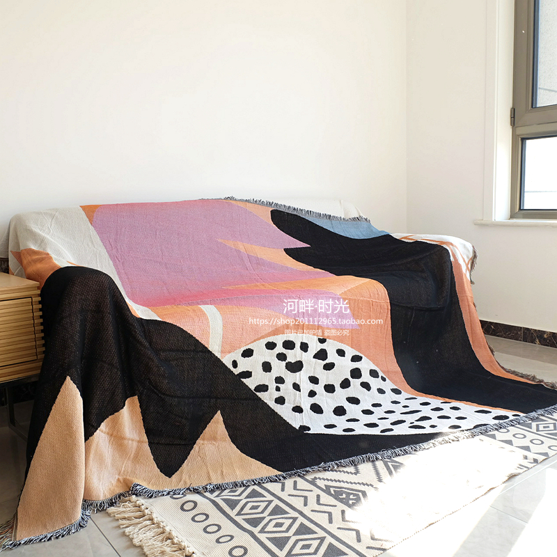 北欧抽象棉麻风透气防滑全包沙发巾防尘粗线盖布装饰挂毯桌布床盖