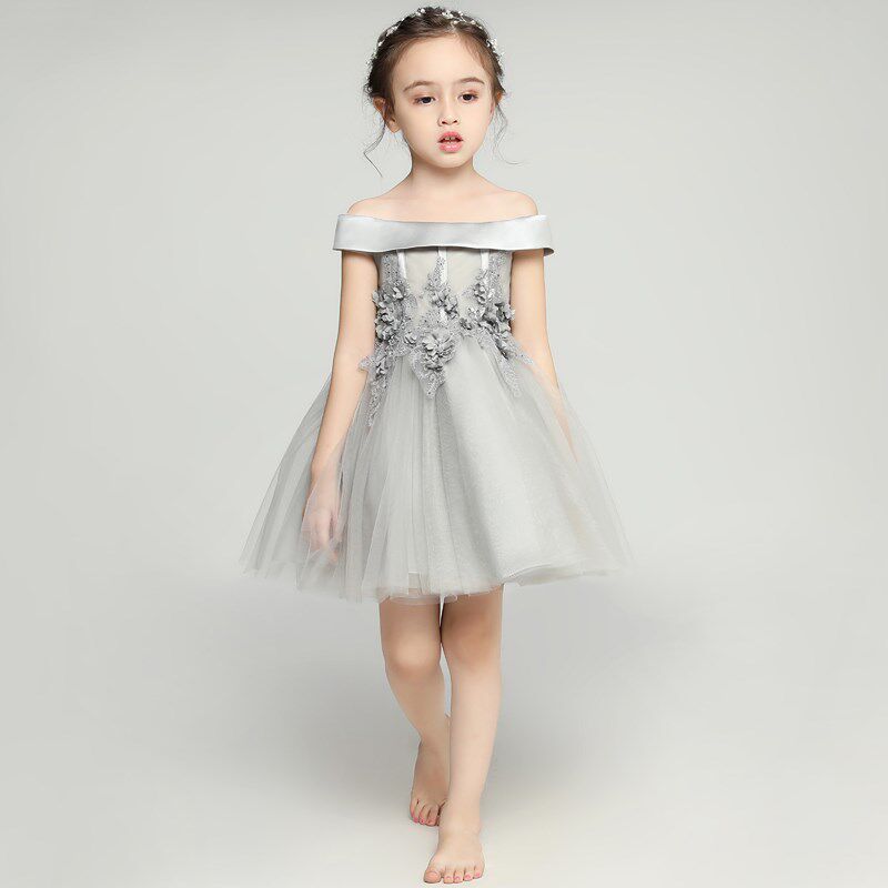 儿童花童晚礼服女童公主裙一字肩蓬蓬纱婚纱钢琴演出服2024新款秋