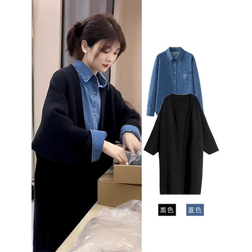 黑色中长款针织开衫女早秋韩系小个子穿搭宽松慵懒风软糯毛衣外套