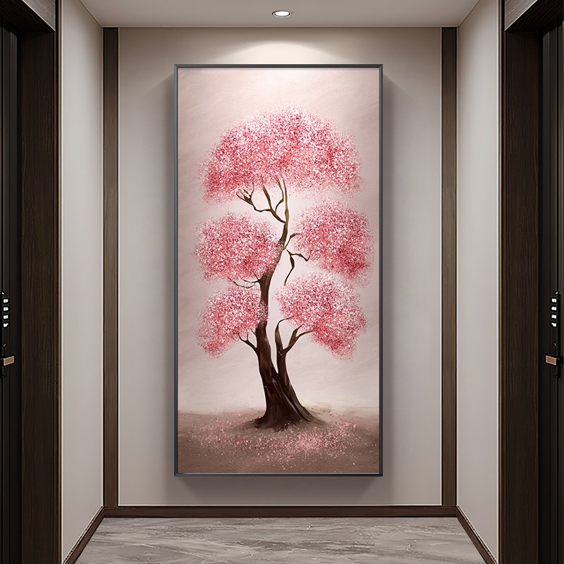 手绘玄关挂画发财树走廊尽头装饰画大芬村油画粉色竖Y版楼梯间壁图片