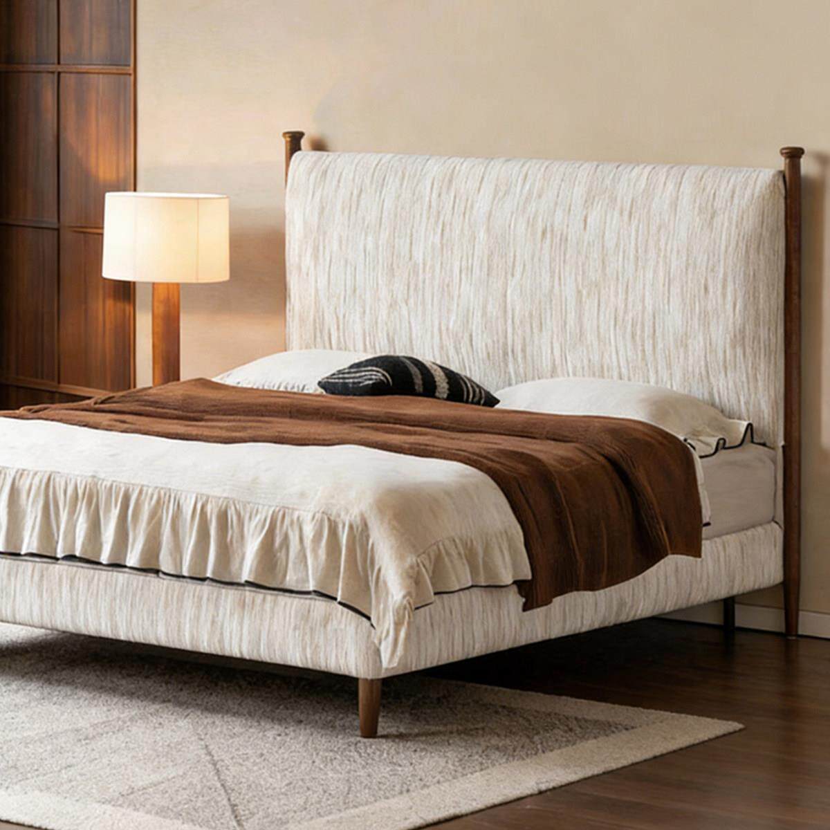 法式复古风可拆洗亚棉麻布艺床卧室软包1.8米实木双人床胡桃木床