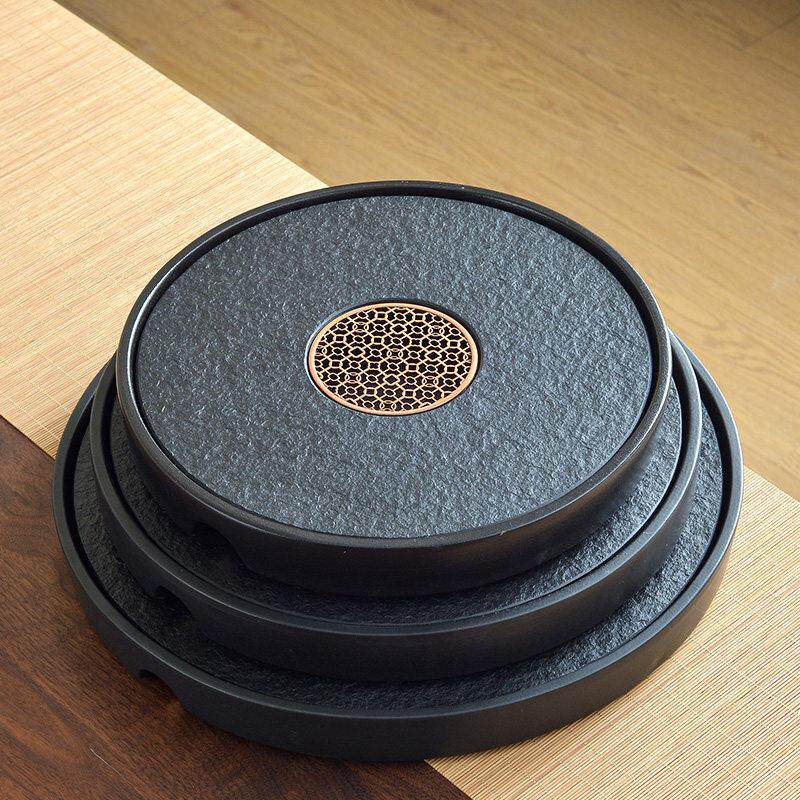 乌金石头茶盘家用小型 现代圆形大号陶瓷干泡茶台储排水茶海托盘
