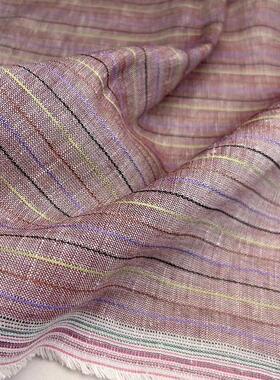 纯亚麻紫色条纹布料柔软亲肤棉麻面料夏款上衣裤子洋装手工布