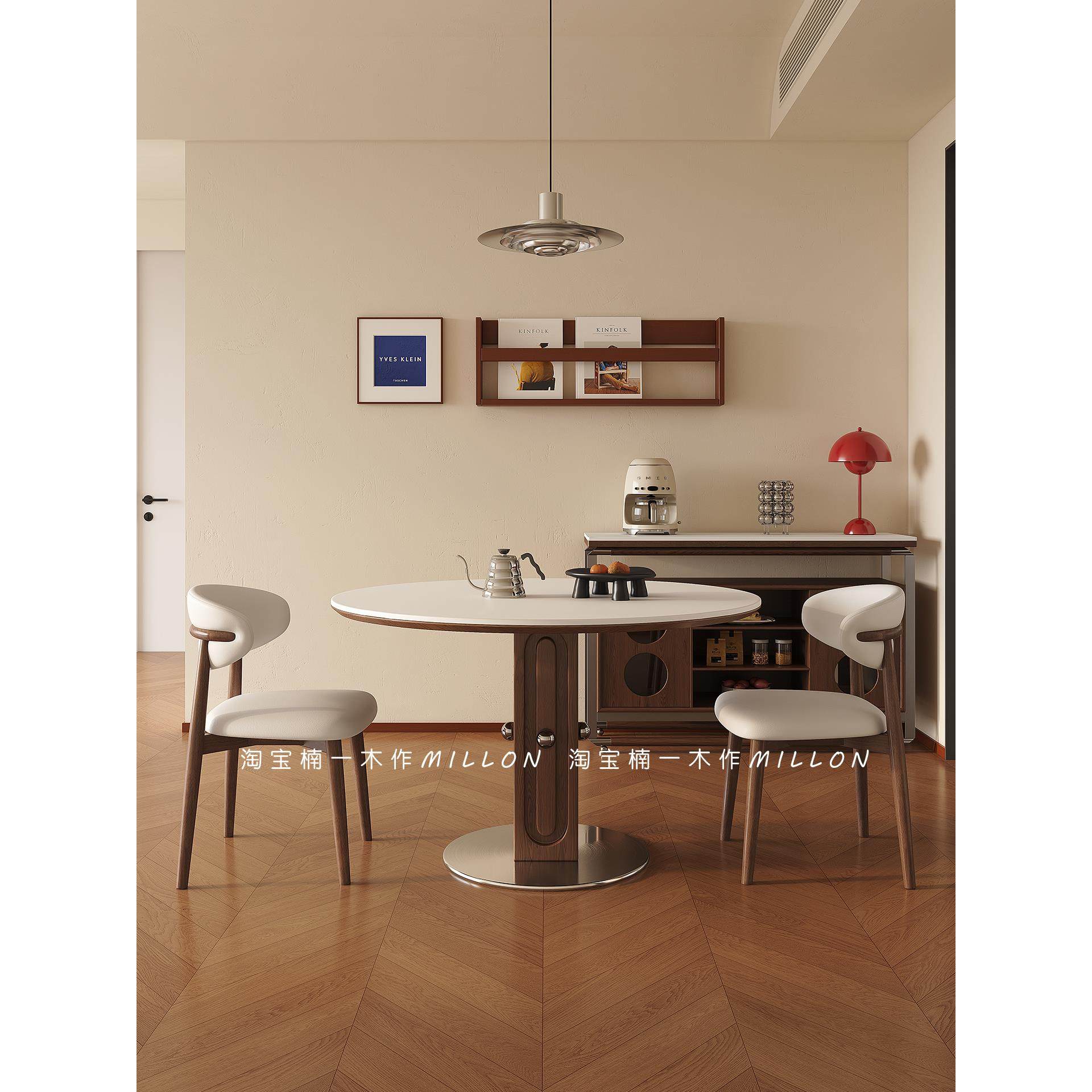 中古风圆餐桌实木岩板餐桌现代简约家用吃饭桌子小户型设计感餐桌