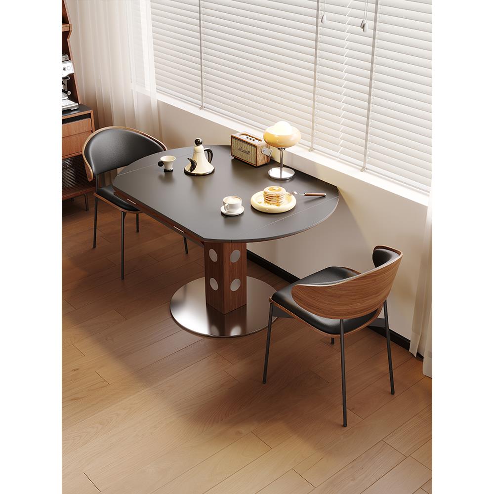 中古风实木岩板餐桌椅组合家用小户型折叠可伸缩方圆两用可变圆桌