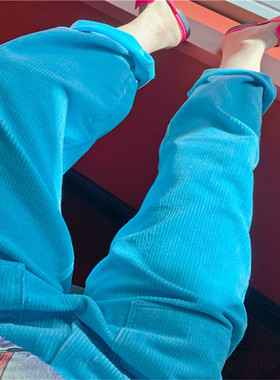 韩国东大门亮蓝色条绒垂感直筒裤灯芯绒阔腿裤子修身显瘦休闲裤女