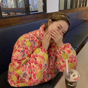 韩国东大门2023秋冬新款韩版笑脸小众彩色花卉蓬蓬加厚羽绒服女潮