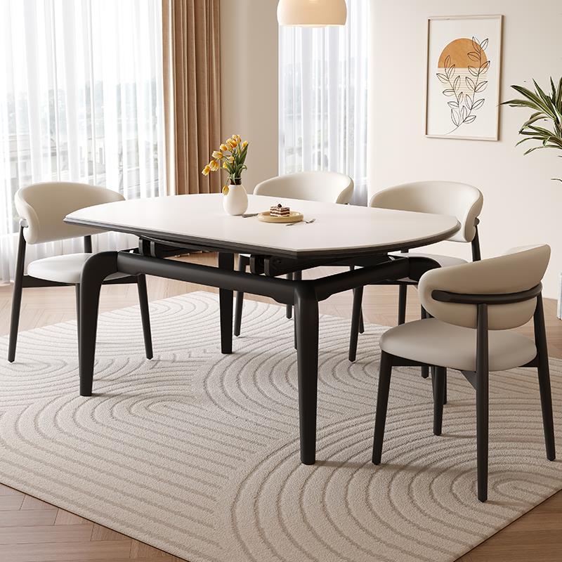 2025年新款实木岩板餐桌椅组合小户型客厅家用可伸缩黑色方圆两用