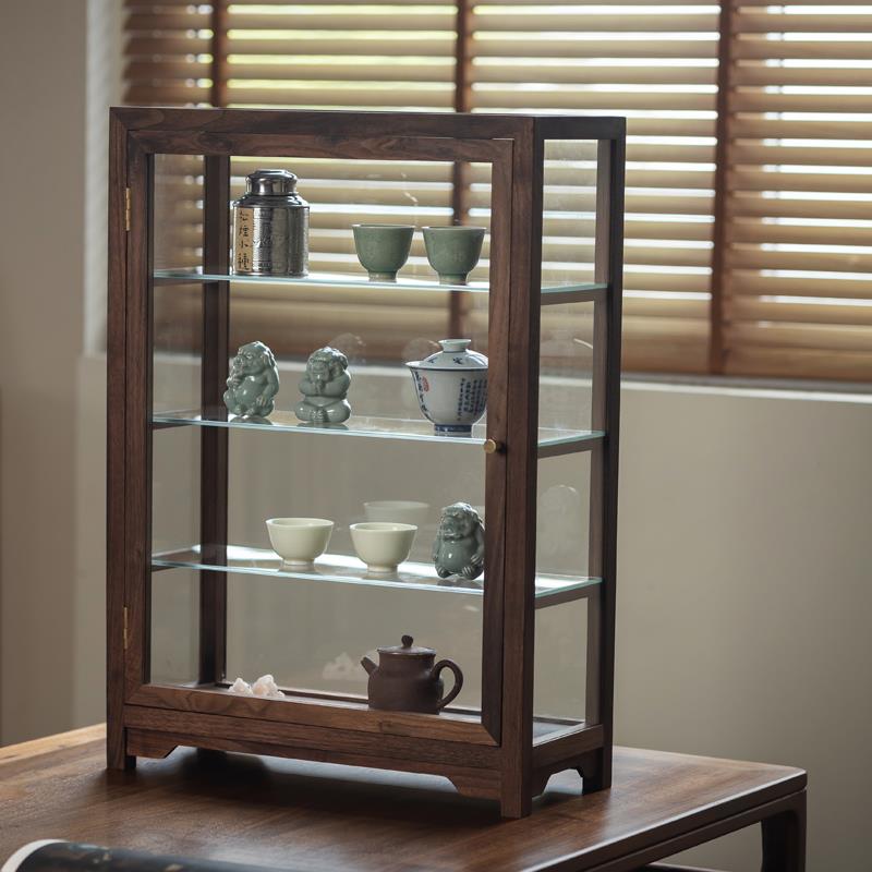 黑胡桃木实木茶室玻璃展示柜面包茶具文玩古董防尘收纳架子陈列柜